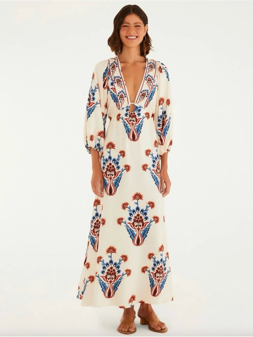 FARM Rio Ivory Maxi Dress with Blue & Rust